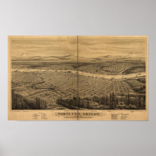 Portland Oregon 1879 Antiek Panoramische Kaart Poster (Voorkant)