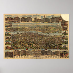 Portland Oregon 1890 Antiek Panoramische Kaart Poster
