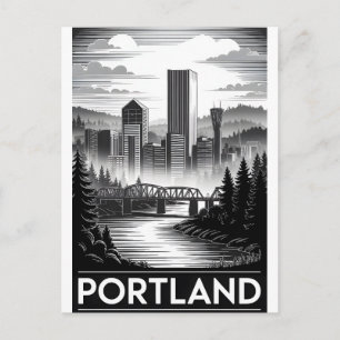 Portland Oregon Silhouet Zwart Wit Houtsnede Feestdagenkaart
