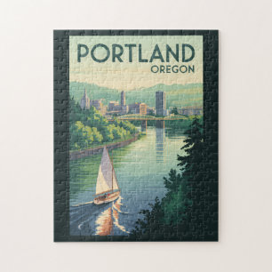 Portland Oregon Silhouette Reis Kunst Vintage Legpuzzel
