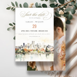 Portland Oregon Skyline Waterverf trouwfoto Save The Date