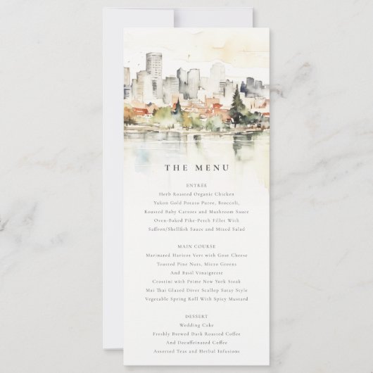 Portland Oregon Skyline Waterverf Wedding Menu Kaart (Voorkant)