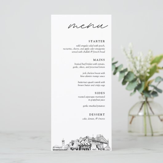 Portland Skyline Schets Bruiloft Diner Menu (Staand voorkant)