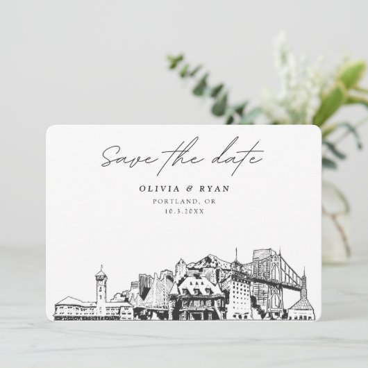 Portland Wedding Skyline schets Opslaan van de dat Kaart (Staand voorkant)