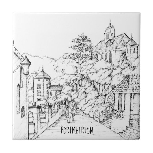 Portmeirion North Wales Pen and Ink Sketch Tegeltje (Voorkant)