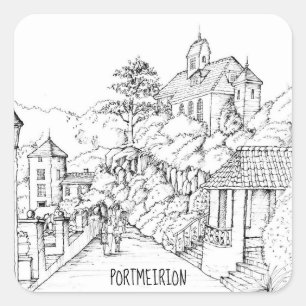 Portmeirion North Wales Pen and Ink Sketch Vierkante Sticker