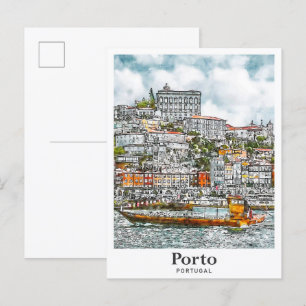 Porto Portugal Travel Waterverf Sketch met de hand Briefkaart