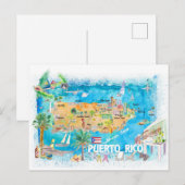 Porto Rico Islands Illustrated Travel Map Briefkaart (Voorkant / Achterkant)