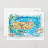 Porto Rico Islands Illustrated Travel Map Briefkaart (Voorkant / Achterkant)