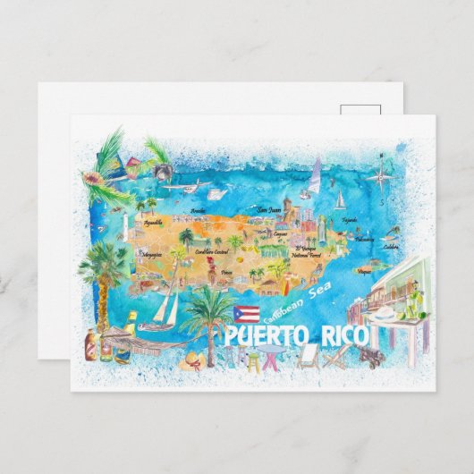 Porto Rico Islands Illustrated Travel Map Briefkaart (Voorkant / Achterkant)