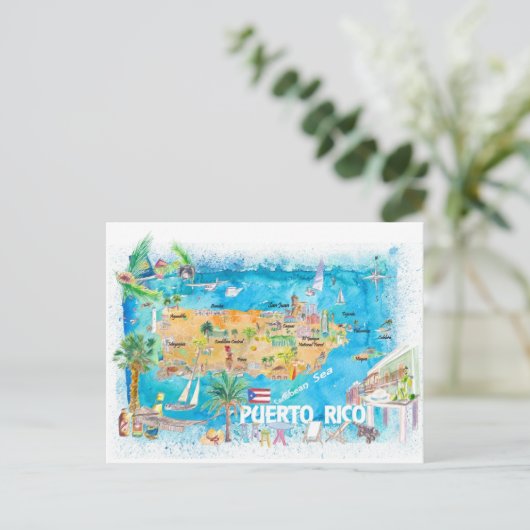 Porto Rico Islands Illustrated Travel Map Briefkaart (Staand voorkant)