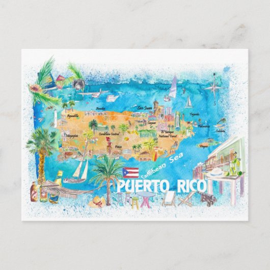 Porto Rico Islands Illustrated Travel Map Briefkaart (Voorkant)