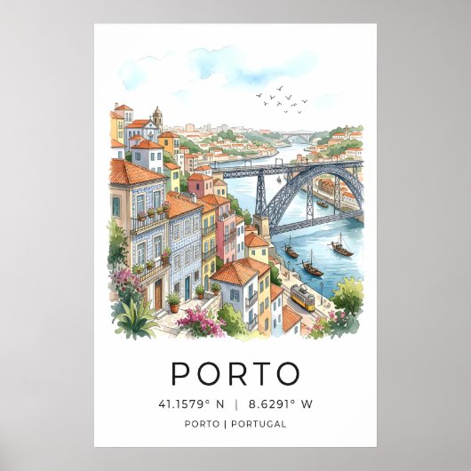 Porto Stadskunstprint Aquarel, Gele Tram Poster (Voorkant)