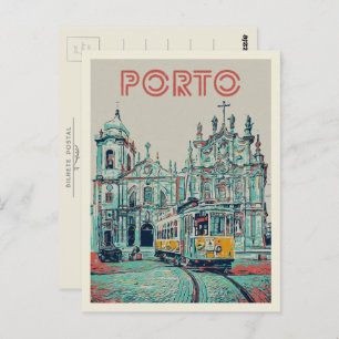 Porto tramway en kerkelijke illustratie Portugal Briefkaart