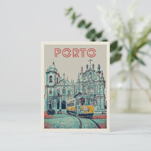 Porto tramway en kerkelijke illustratie Portugal Briefkaart (Staand voorkant)