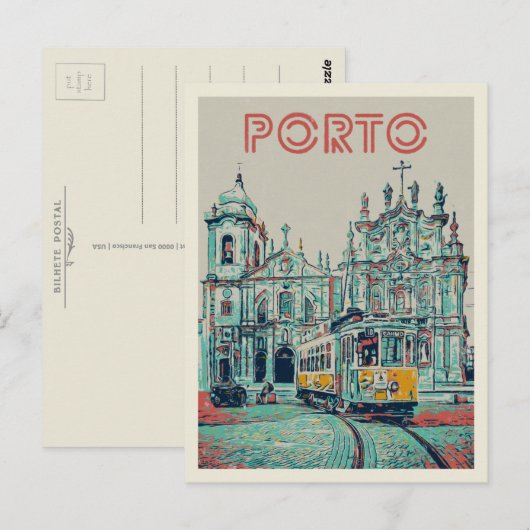 Porto tramway en kerkelijke illustratie Portugal Briefkaart (Voorkant / Achterkant)