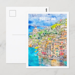 Portofino Italië Beroemde Reisplaats Waterverf Briefkaart