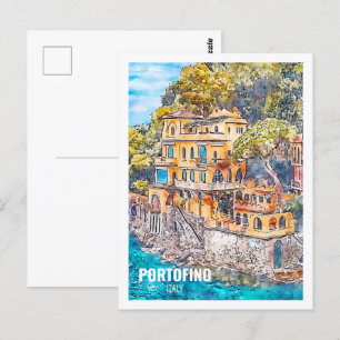 Portofino Italië Famous Travel Waterverf Sketch Briefkaart
