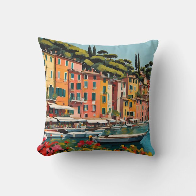 Portofino Italië Mediterraan Waterschap Schilderen Kussen (Voorkant)