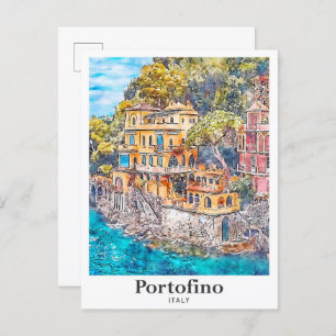 Portofino Italië Reizen Waterverf Hand getekend Briefkaart