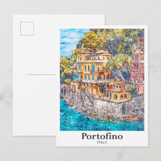 Portofino Italië Reizen Waterverf Hand getekend Briefkaart (Voorkant / Achterkant)