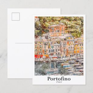 Portofino Italië Reizen Waterverf Hand getekend Briefkaart