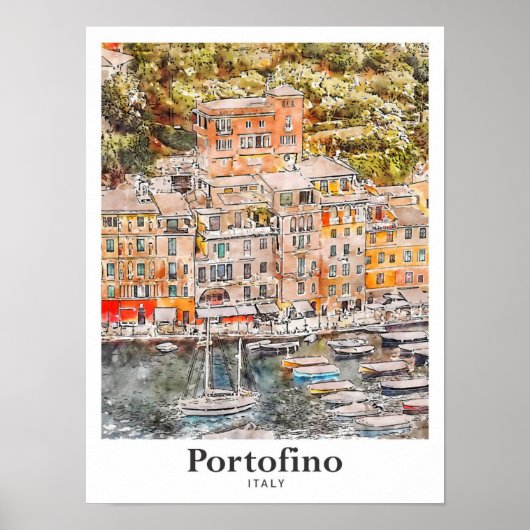 Portofino Italië Reizen Waterverf Hand getekend Poster (Voorkant)