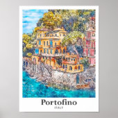 Portofino Italië Reizen Waterverf Hand getekend Poster (Voorkant)