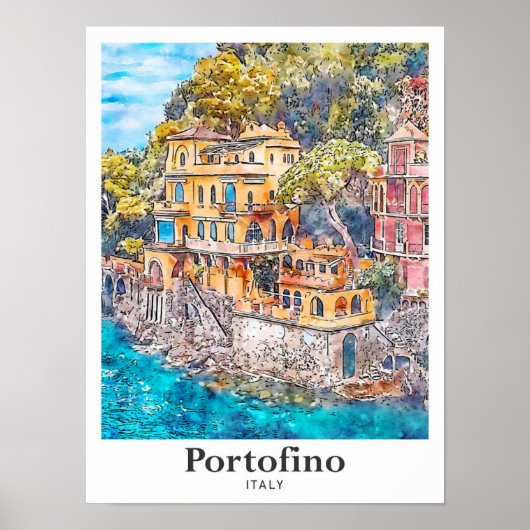 Portofino Italië Reizen Waterverf Hand getekend Poster (Voorkant)