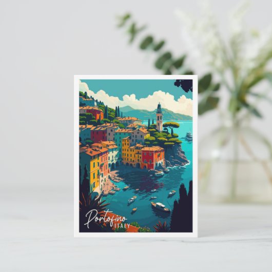 Portofino Italië vintage reisillustratie Briefkaart (Staand voorkant)