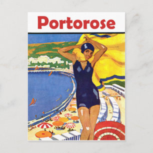 Portorose, meisje op het strand, vintage reisrecla briefkaart