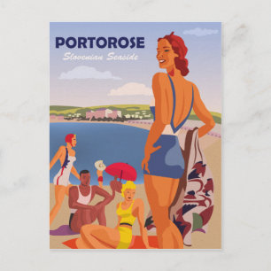 Portorose, meisjes op het strand, vintage-reizen briefkaart