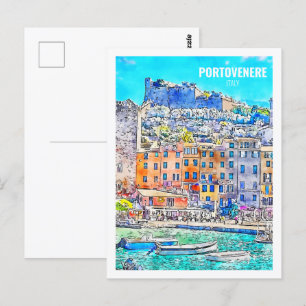 Portovenere Italië Famous Travel Waterverf Sketch Briefkaart