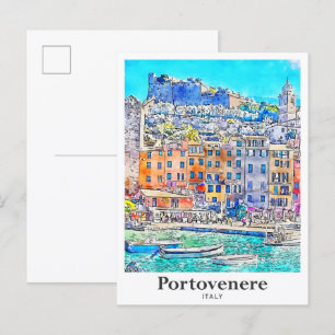 Portovenere Italië Reizen Waterverf Hand getekend Briefkaart
