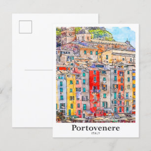 Portovenere Italië Reizen Waterverf Hand getekend Briefkaart