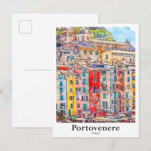 Portovenere Italië Reizen Waterverf Hand getekend Briefkaart (Voorkant / Achterkant)