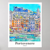 Portovenere Italië Reizen Waterverf Hand getekend Poster (Voorkant)