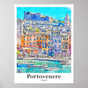Portovenere Italië Reizen Waterverf Hand getekend Poster