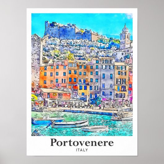 Portovenere Italië Reizen Waterverf Hand getekend Poster (Voorkant)