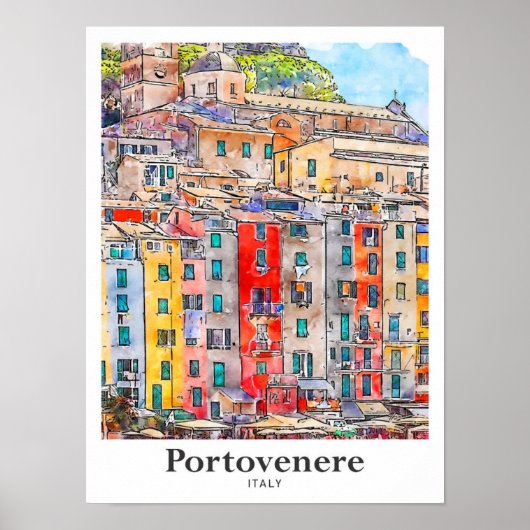 Portovenere Italië Reizen Waterverf Hand getekend Poster (Voorkant)
