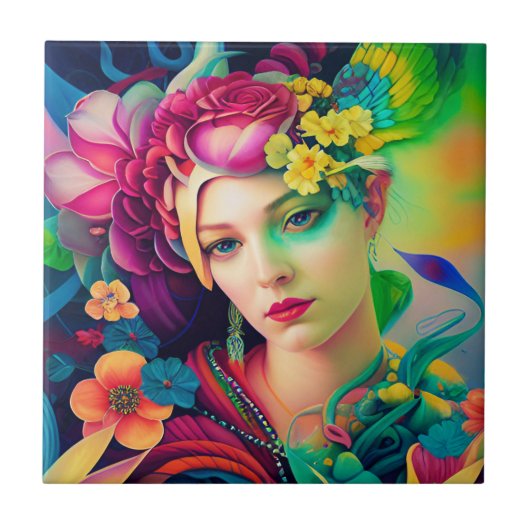 Portrait of a Woman Adorned with Flowers Tegeltje (Voorkant)