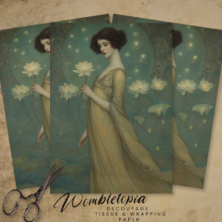 Portrait of Lady in Magical Lotus Garden Decoupage Tissuepapier