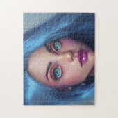 Portret Blauw Haar Groene Ogen Glimlach Jong Vrouw Legpuzzel (Verticaal)