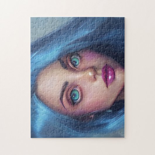 Portret Blauw Haar Groene Ogen Glimlach Jong Vrouw Legpuzzel (Verticaal)