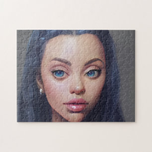 Portret Blue Hair Eyes Smile Young Woman Legpuzzel