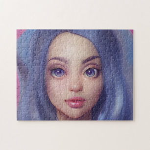 Portret Blue Hair Eyes Smile Young Woman Legpuzzel