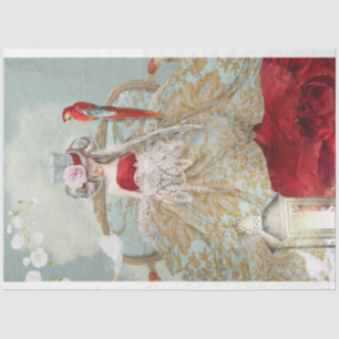 Portret Girl Sitting Bird and Floral Art Tissuepapier