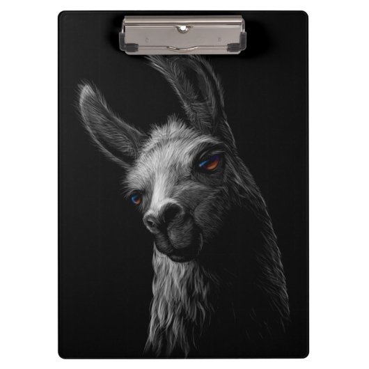 Portret Head Cute Llama met een zwarte achtergrond Klembord (Voorkant)