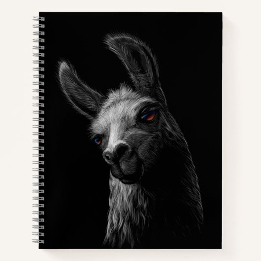 Portret Head Cute Llama met een zwarte achtergrond Notitieboek (Voorkant)