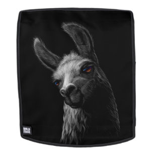 Portret Head Cute Llama met een zwarte achtergrond Rugtassen